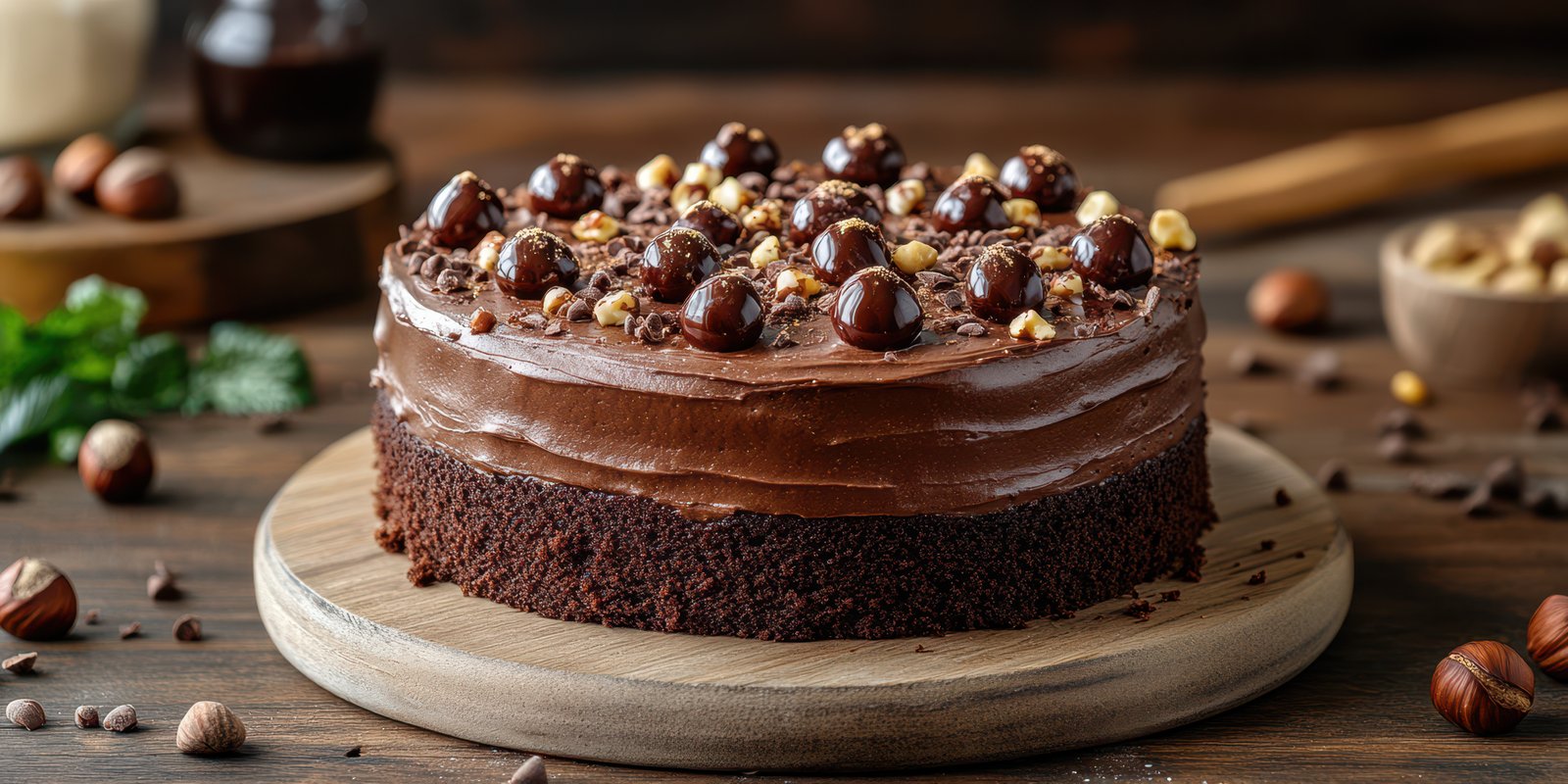 Decadent chocolate cake garnished with hazelnuts and chocolate balls, perfect for celebrations and gatherings